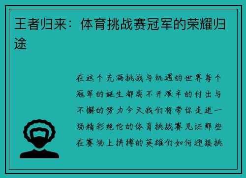 王者归来：体育挑战赛冠军的荣耀归途